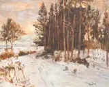 Winter landscape with a wood at dusk Signed Dunlop by Ronald Ossory Dunlop, Oil on canvasboard, sold Jun 2024