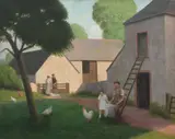 Figures in a farmyard Oil by Frank Hughes, Oil on canvas, sold Jun 2024