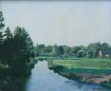 Looking Down Stream at Buxton Mill by Christopher Sanders, Oil on canvas, sold Jun 2024