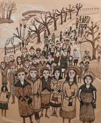 Figures on a lakeside road Signed by Fred Yates, Mixed media on paper, sold Jun 2024