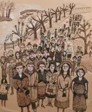 Figures on a lakeside road Signed by Fred Yates, Mixed media on paper, sold Jun 2024
