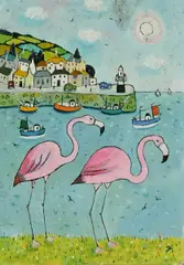 Cornish Harbour and Flamingos Signed with initials JG by Joan Gillchrest, Oil on paper laid on board, sold Jun 2024