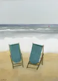 Deck chairs Signed JLedger by Janet Ledger, Oil on board, sold Jun 2024