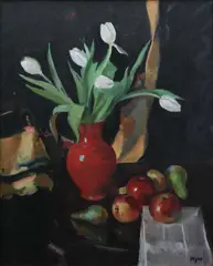 Red Vase with White Tulips Signed Edgar by Norman Edgar, Oil on canvas, sold Jun 2024