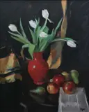Red Vase with White Tulips Signed Edgar by Norman Edgar, Oil on canvas, sold Jun 2024