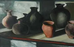 Still life with pots on a tabletop Signed Guy Worsdell by Guy Worsdell, Oil on canvas, sold Jun 2024