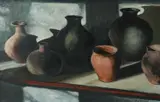 Still life with pots on a tabletop Signed Guy Worsdell by Guy Worsdell, Oil on canvas, sold Jun 2024