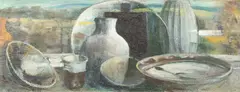 Still life with pots and dishes on a ledge with a landscape beyond by Guy Worsdell, Oil on board, sold Jun 2024
