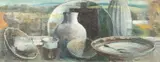 Still life with pots and dishes on a ledge with a landscape beyond by Guy Worsdell, Oil on board, sold Jun 2024