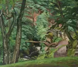 Figures crossing a wooded stream Signed H by Henry N. Almond, Oil on canvas, sold Jun 2024