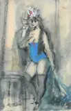 Dancer in blue Signed in Cyrillic by Konstantin Ivanovich Rudakov, Charcoal, pastel and watercolour, sold Jun 2024