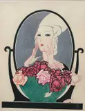 Magazine cover design with an elegant lady looking at herself by Benito, Watercolour, pencil and body colour, offered Jun 2024
