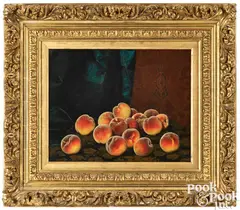 Still Life of Peaches on Tapestry by William Mason Brown, oil on canvas, sold Oct 2025