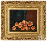 Still Life of Peaches on Tapestry by William Mason Brown, oil on canvas, sold Oct 2025