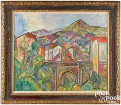 landscape with town by Pinchus Krémègne, oil on canvas, sold Oct 2025