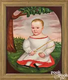 portrait of a young boy with whip and apple by George C. Baldwin, oil on canvas, sold Oct 2025