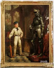 boy in cricket outfit standing next to a suit of armor by John Ballantyne, oil on canvas, sold Aug 2025