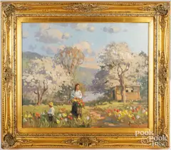 landscape with figures picking flowers by John C. Traynor, oil on canvas, sold Aug 2025