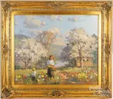 landscape with figures picking flowers by John C. Traynor, oil on canvas, sold Aug 2025