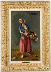 woman with basket of vegetables titled Prelude to Autumn by Robert Brackman, oil on canvas, sold Aug 2025