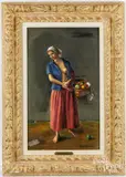 woman with basket of vegetables titled Prelude to Autumn by Robert Brackman, oil on canvas, sold Aug 2025
