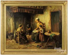 interior mother and children by Cornelius Bouter, oil on canvas, sold Aug 2025