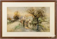 landscape with horses in a stream by Robert Shaw, watercolor, sold Aug 2025