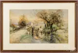 landscape with horses in a stream by Robert Shaw, watercolor, sold Aug 2025