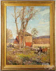 landscape with cows by George Glenn Newell, oil on canvas, sold Aug 2025