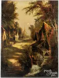of a continental village with mill by Lucien Whiting Powell, oil on canvas, sold Aug 2025