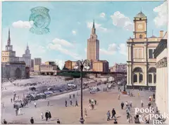 with applied metal Soviet emblem Three Train Stations in Moscow by Leonid Sokov, oil on canvas, sold Jul 2025