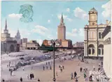 with applied metal Soviet emblem Three Train Stations in Moscow by Leonid Sokov, oil on canvas, sold Jul 2025