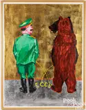 with screen print and gold and silver foil on paper Stalin and Bear (Pissing) by Leonid Sokov, 1996, acrylic and collage, sold Jul 2025