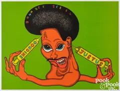 Shicago Justus from the portfolio Conspiracy: The Artist as Witness Portfolio by Peter Saul, 1971, color lithograph, sold Jul 2025