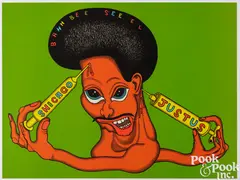 Shicago Justus from the portfolio Conspiracy: The Artist as Witness Portfolio by Peter Saul, 1971, color lithograph, sold Jul 2025