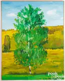 and neon components on canvas Burning Birch by Leonid Sokov, oil, sold Jul 2025