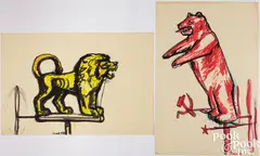 and marking pen works on paper Bear (Weathervane) and Lion (Weathervane) by Leonid Sokov, watercolor, sold Jul 2025