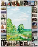 landscape mounted in a collage on wood frame of Soviet-era photographs by Leonid Sokov, oil on canvas, sold Jul 2025