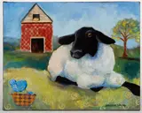 A LITTLE BIRDIE TOLD EWE? MIXED MEDIA PAINTING by Catherine Darling Hostetter, mixed media including acrylic and newspaper on canvas, sold Sep 2026