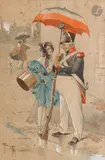 La Modiste et le garde national by René Giffey, Crayon noir, aquarelle et rehauts de gouache, sold Jan 2026
