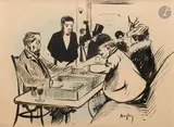 La Partie de backgammon au café by Auguste Auglay, Encre et crayon bleu, sold Jan 2026