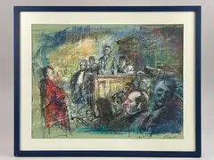 L'audience ou la cour d'assises by Lucien Philippe Moretti, Gouache sur papier signée en bas à droite, sold Feb 2026
