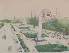 Grande place animée en Orient by Carl Ivar Gilbert, Aquarelle gouachée, sold Oct 2025