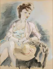 Jeune femme assise au chapeau de paille by André Dignimont, Gouache, sold Oct 2025