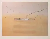 Le navire (1980/85) by Jean-Michel Folon, Technique mixte : sérigraphie et collage de paillettes argentées et dorées, sold Oct 2025