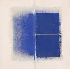 Dépli bleu I " by Jean Degottex, 1979, Acrylique sur toile et collage, sold Oct 2025