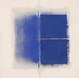 Dépli bleu I " by Jean Degottex, 1979, Acrylique sur toile et collage, sold Oct 2025