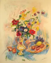 Nature morte aux fleurs et aux fruits by Isaac Mischkine, Lithographie en couleurs, rehaussée au pastel, sold Sep 2025