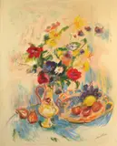 Nature morte aux fleurs et aux fruits by Isaac Mischkine, Lithographie en couleurs, rehaussée au pastel, sold Sep 2025