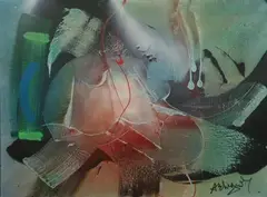 Composition bleue, verte et rouge by Augustin-François Archiguille, Toile signée en bas à droite, sold Mar 2018